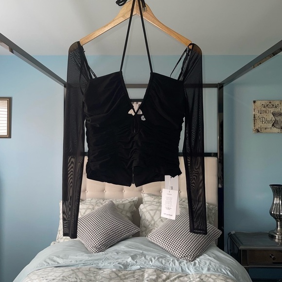 NEW Self-Portrait Gathered Detailed Top Criss Cross Open Keyhole Halter Mesh 6 - Picture 3 of 12